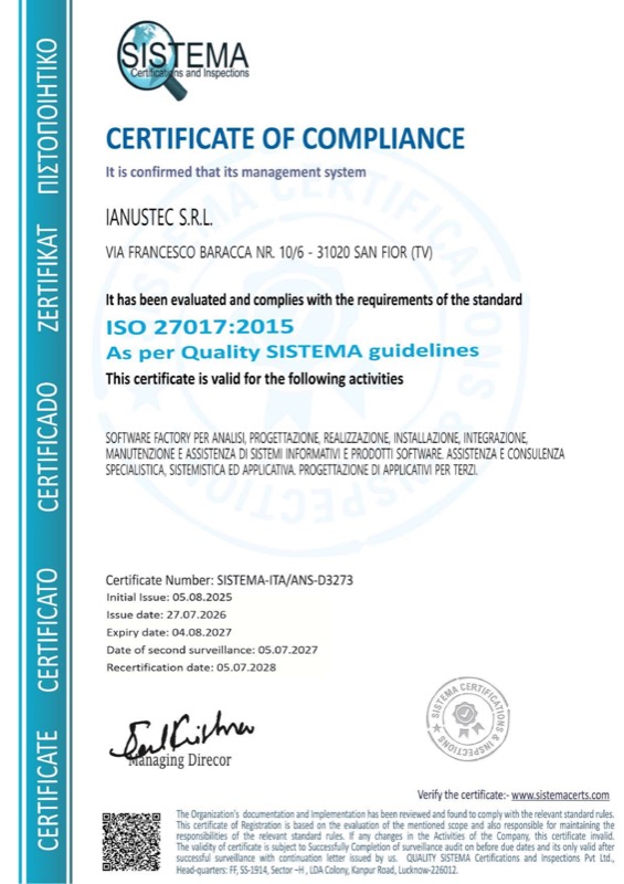 IANUSTEC ISO 27017:2015 certificate