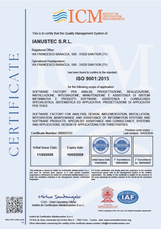IANUSTEC ISO 9001:2015 certificate